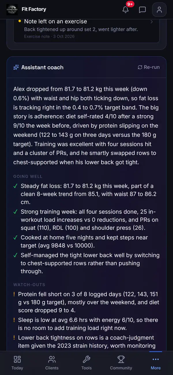 AI check-in assessment: summary, going well and watch-outs